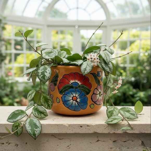 Vibrant Mexican Floral Art Barrel Planter | Hand-Painted Ceramic Clay Pot - Picture 1 of 10